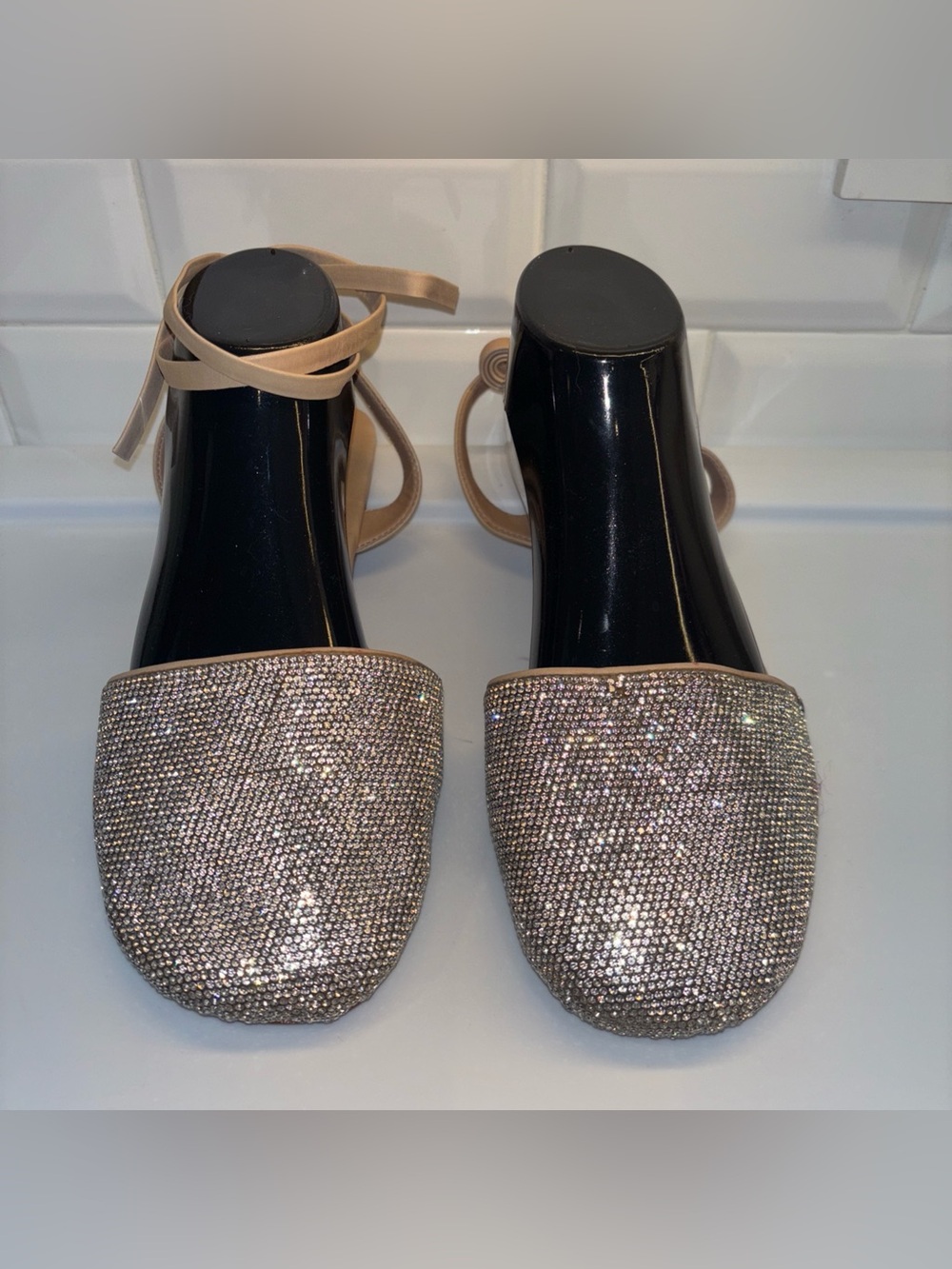 Schutz Abrie Glam Rhinestone Flat Sandals in light beige Size 9.5 New